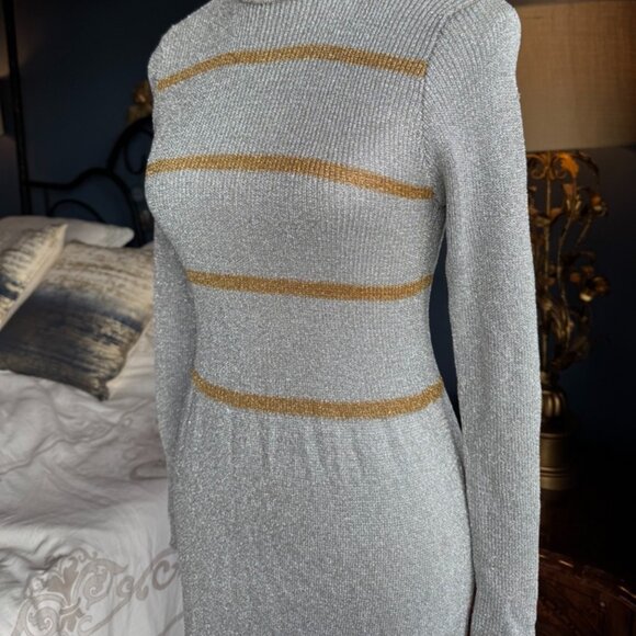 70s Vintage NWT Metallic Silver and Bronze Turtleneck Maxi Dress - Picture 6 of 16